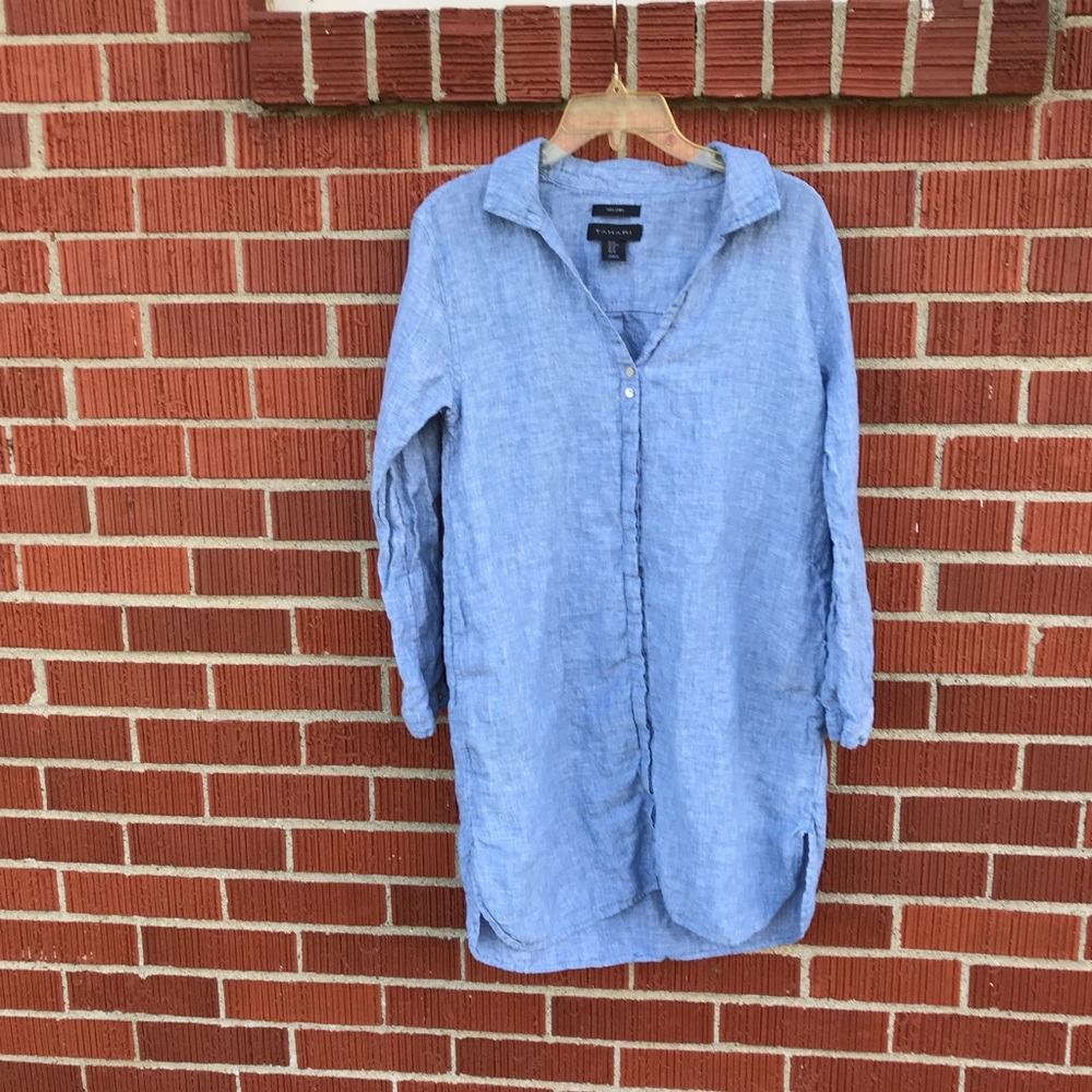 Tahari womens linen blue shirt dress long sleeve medium